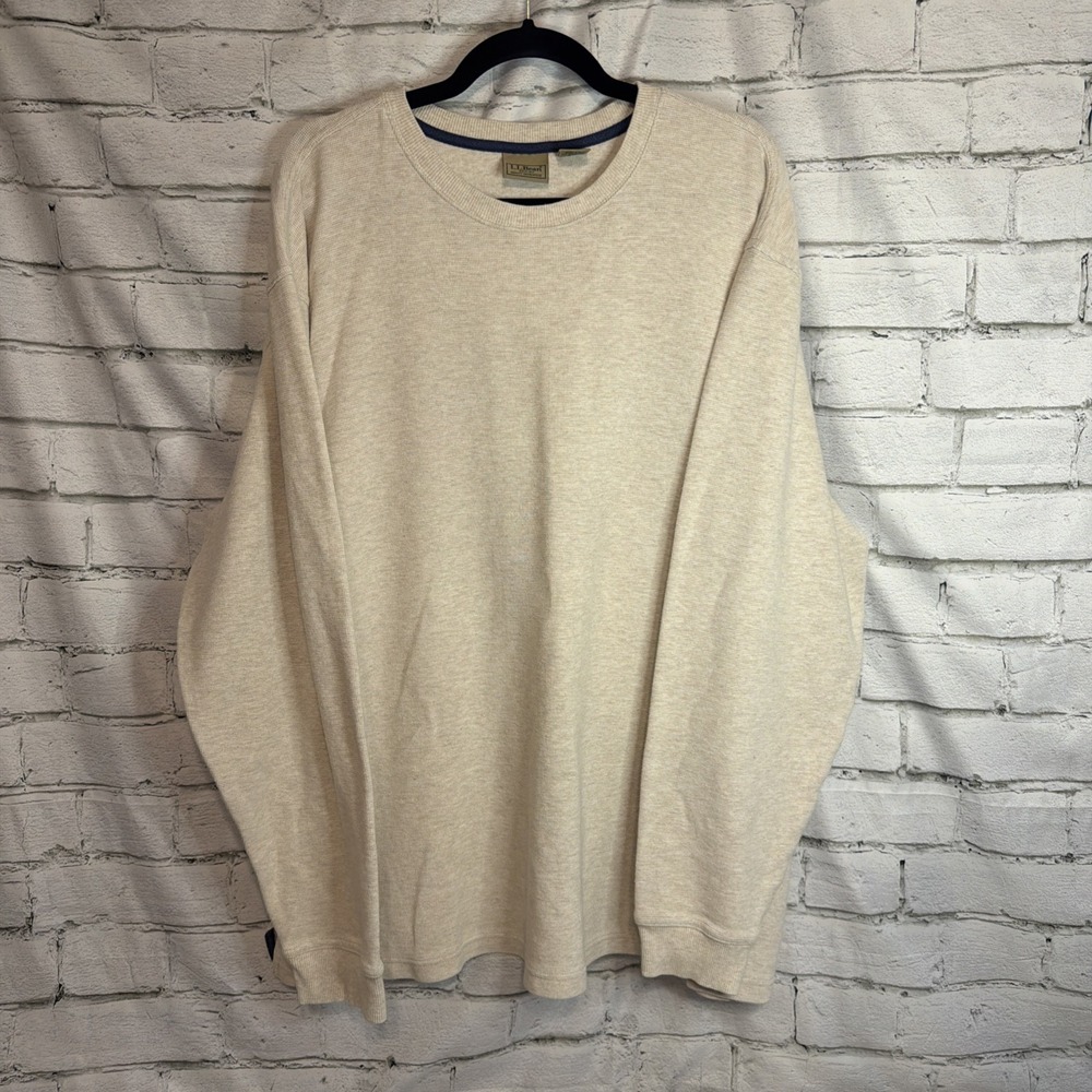 LL Bean‎ Sweatshirt Mens XXL Beige Waffle Knit Thermal Crewneck Pullover Sweater